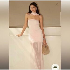 M15 Meshki Pink Strapless Ruched Mesh Maxi Dress Small Formal Evening Gown S